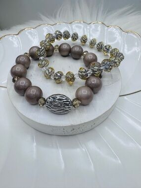 Boho Neutral Beaded Bracelet Set | Stretch Stack | Taupe Gold Glass Beads